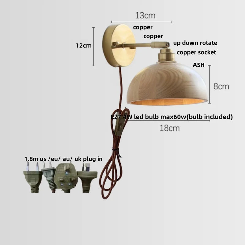 Ash Wood LED Wall Lights Living Room Porch Stair Nordic Modern Up Down Rotate Pull Chain Switch Bedside Lamp