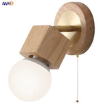 Modern Copper Wood LED Wall Lights with Pull Chain Switch for Bedroom Vanity.