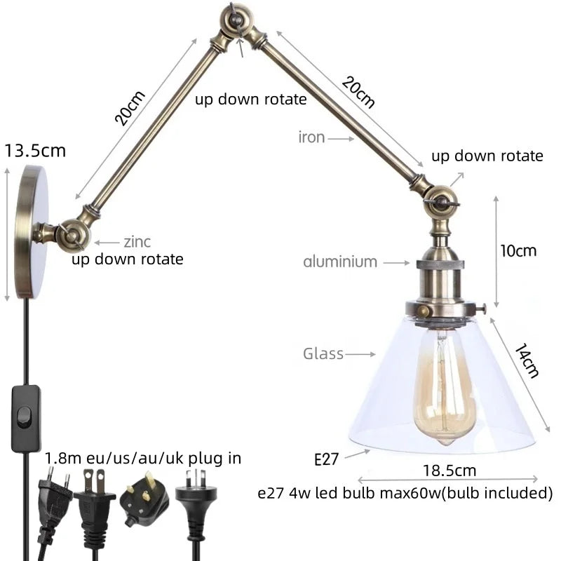 Vintage Industrial LED Wall Light with Clear Glass Shade & Adjustable Long Arm