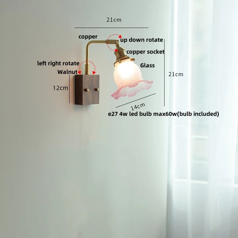 Yellow Glass LED Wall Sconce Walnut Wood Bedside Lamp
