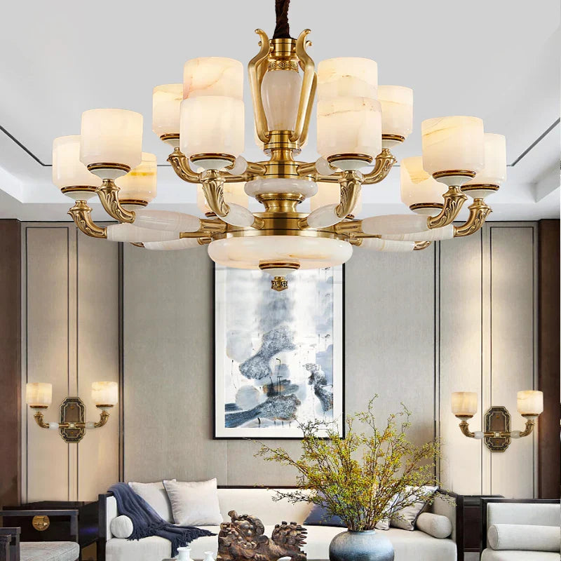 Zinc Alloy European Chandelier with Natural Jade Accent for Villa Living Room