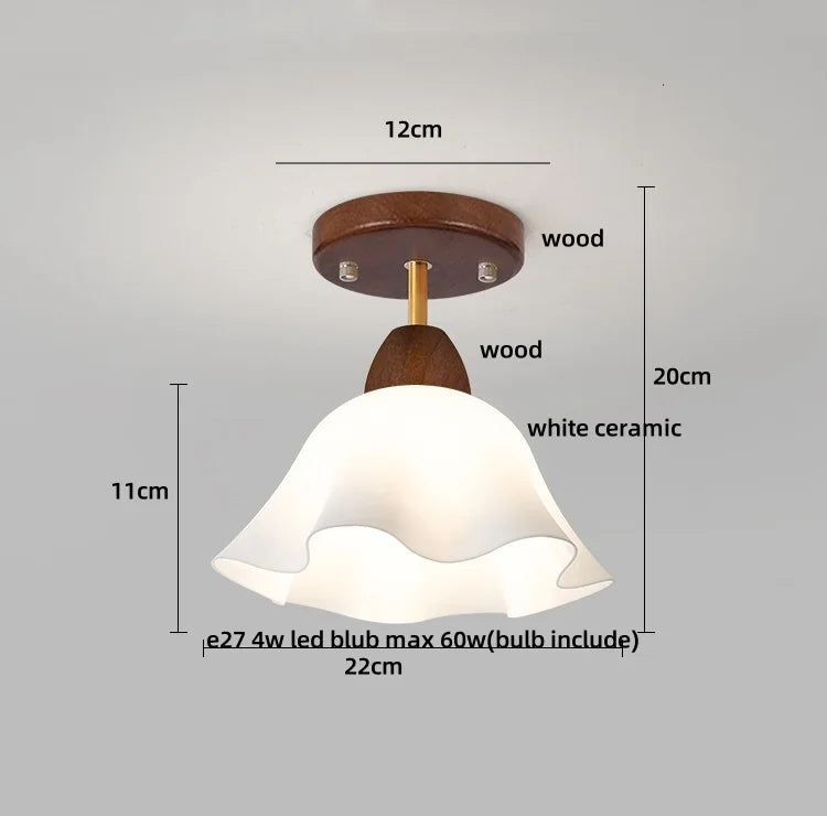 White Glass LED Ceiling Light Fixture with Wood Copper Canopy