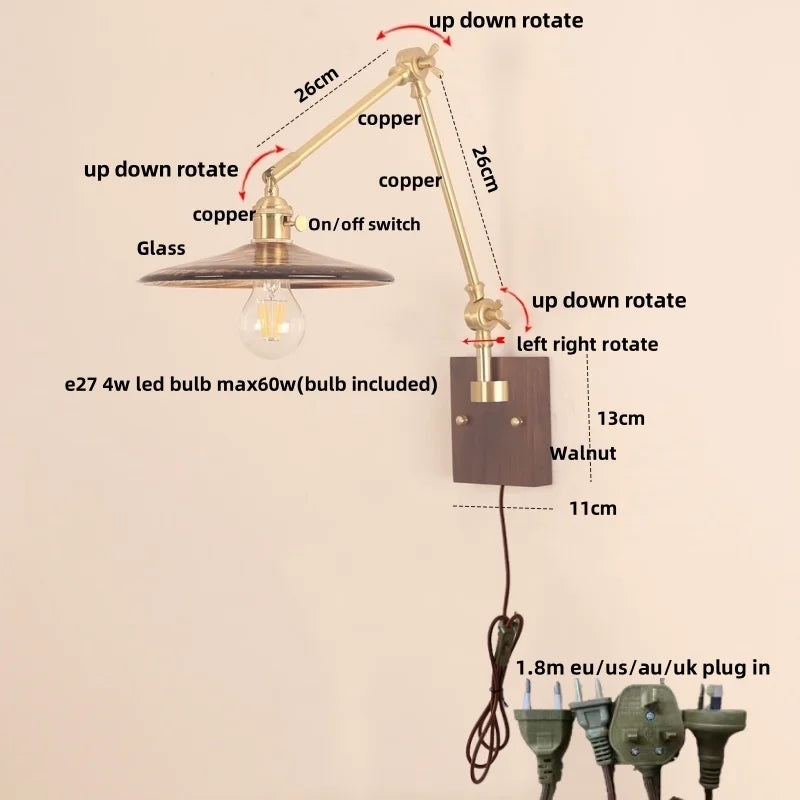 Cube Glass LED Wall Sconce Walnut Wood Rotatable Mirror Light