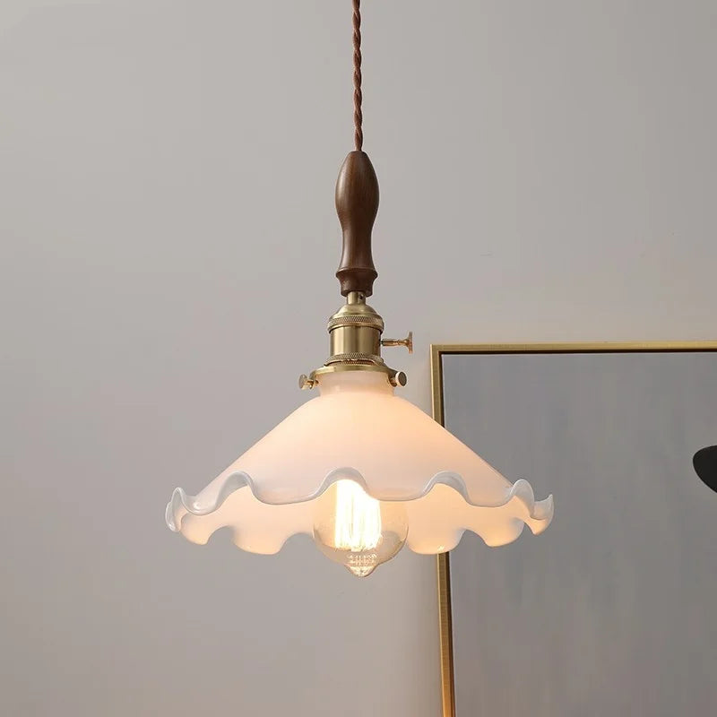 Afralia White Glass LED Pendant Lights with Walnut Wood Details