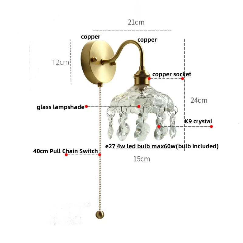 Vintage Crystal LED Wall Lights Pull Chain Switch Copper E14 Stair Fixtures