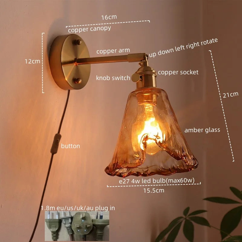 Amber Glass LED Wall Lamps for Living Room and Bathroom Mirror Lighting