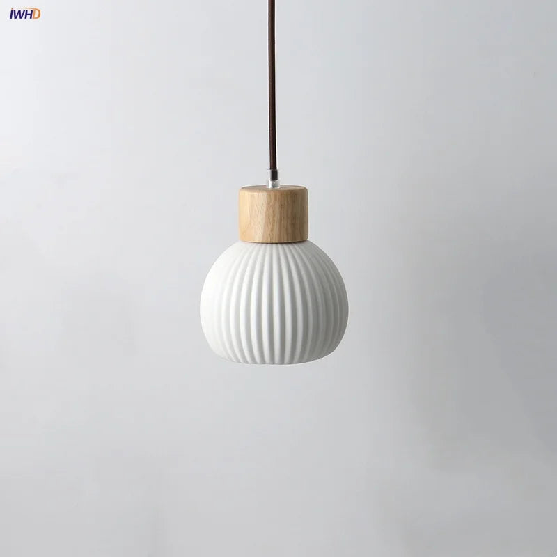 Wood LED Pendant Lamp White Ceramic Ball Hanging Lights