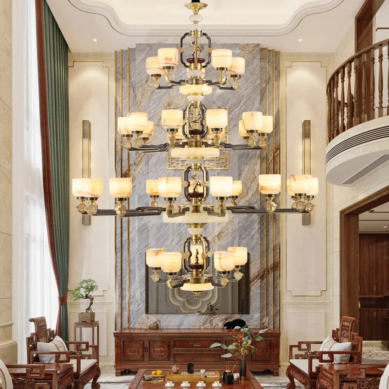 Copper Jade Duplex Chandelier: Chinese Villa Hall Lighting for Hotel Lobby & Living Room