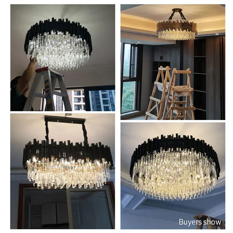 Oval LED Crystal Chandelier: Modern Black Pendant Light for Living Room, Bedroom, Dining Room