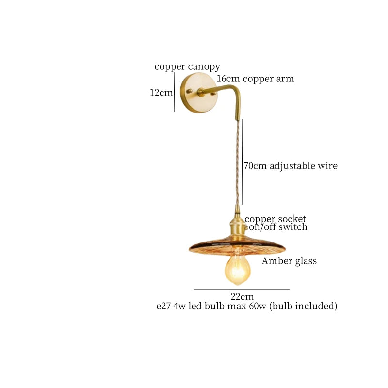 Glass LED Wall Sconce Bedroom Loft Bathroom Stair Light Pull Chain Copper