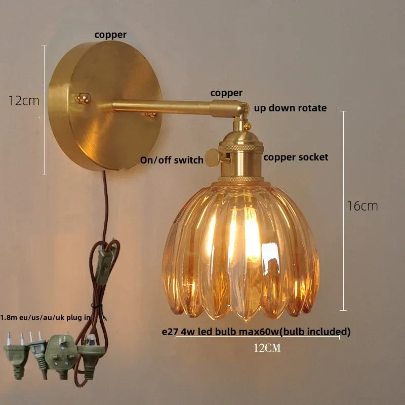 Afralia™ Amber Glass Vintage Style LED Wall Light with Pull Chain Switch