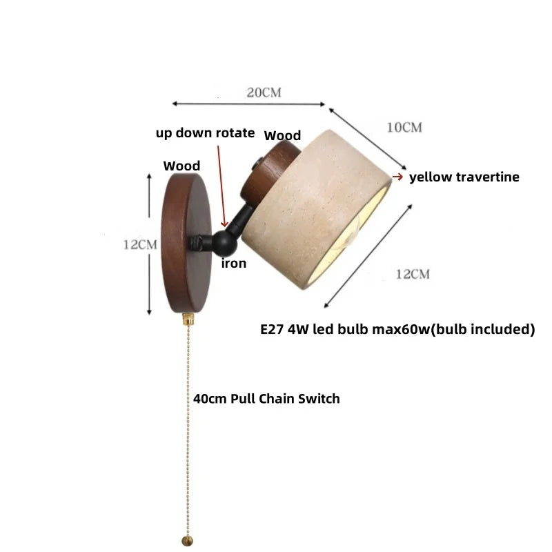 Yellow Travertine LED Wall Light with Pull Chain Switch, Modern Nordic Design