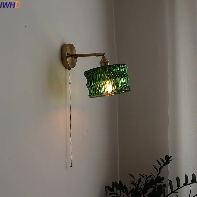 LED Glass Copper Wall Sconce Pull Chain Switch Lamp for Bedroom Living Room