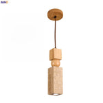 Cuboid Stone LED Pendant Lights Wood Yellow Travertine Interior Lighting Hanging Lamp