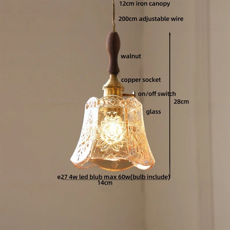 Afralia™ Green Glass LED Pendant Lamp | Modern Nordic Wood Walnut | Brass Knob Switch | Hanging Light