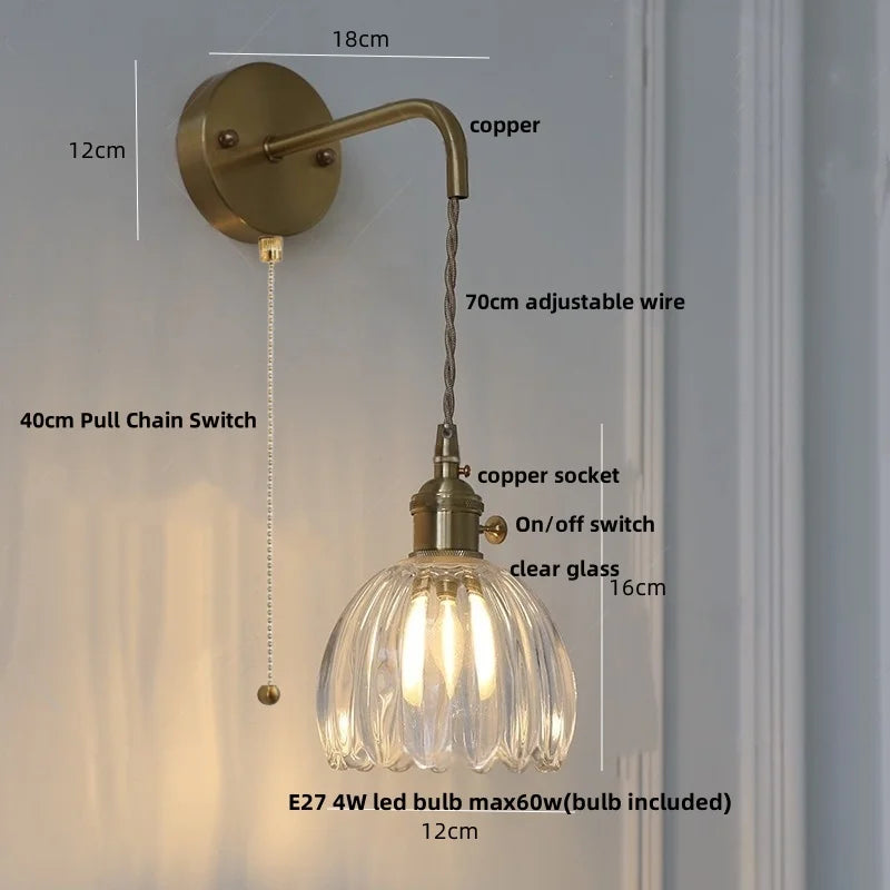 Smoke Gray Glass LED Wall Light Fixture Minimalist Pull Chain Switch Bedside Lamp