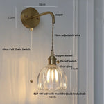 Smoke Gray Glass LED Wall Light Fixture Minimalist Pull Chain Switch Bedside Lamp
