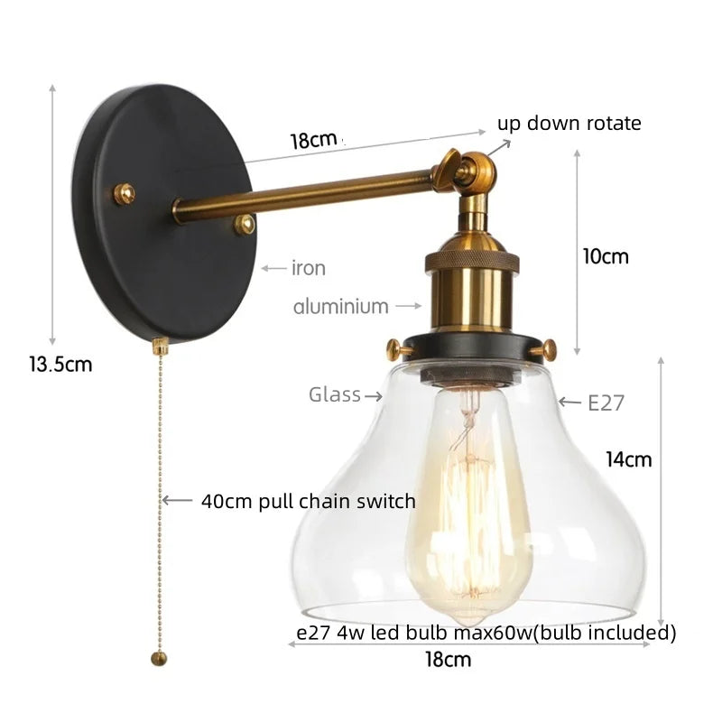 Afralia™ Gold LED Wall Sconces Iron Loft Retro Home Bedroom Lamp