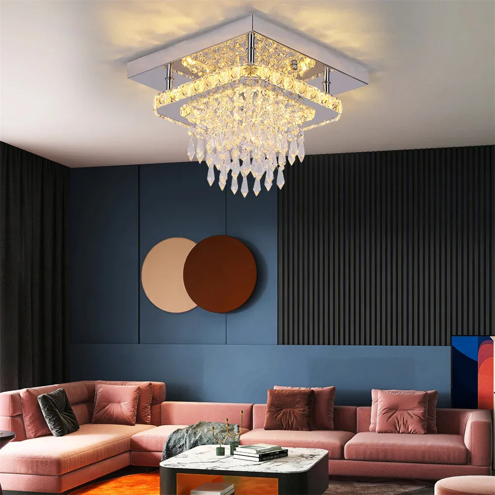Crystal Square LED Chandelier: Modern Dimmable Ceiling Light for Bedroom, Living, Dinning Rooms