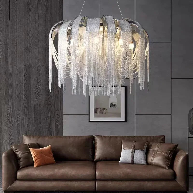Modern E14 Pendant Lights by Afralia™: Tassel Design, Aluminium Construction, Chrome & Gold Finish