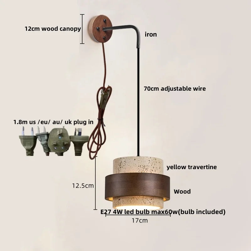Yellow Travertine Stone Wood Wall Sconce LED Light Fixture, Modern Nordic Design