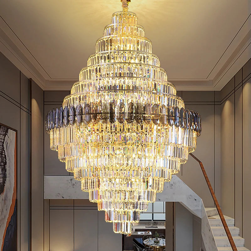 Crystal Chandelier: Luxe Stairwell Lighting for Penthouse Villa