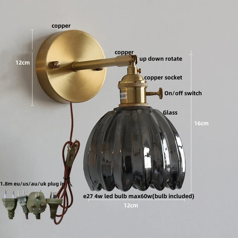 Afralia™ Amber Glass Vintage Style LED Wall Light with Pull Chain Switch