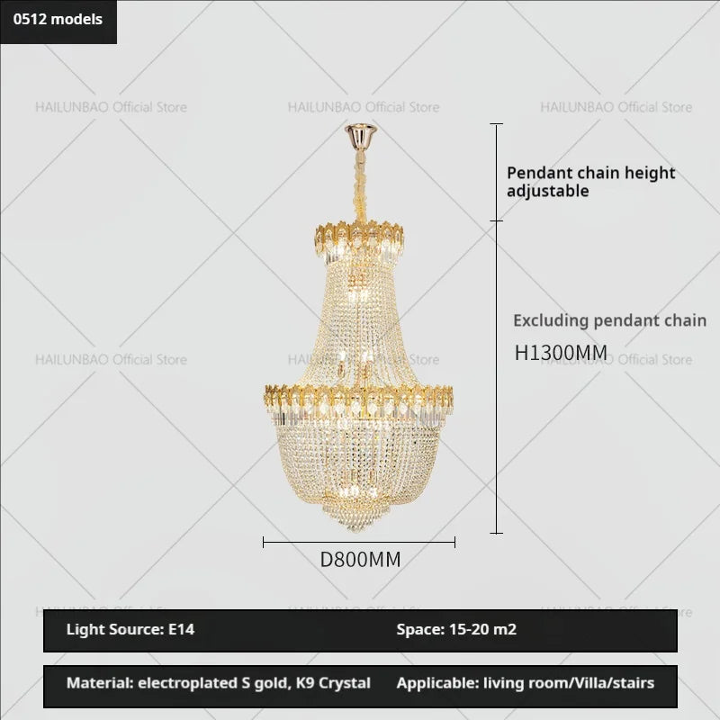 Crystal Chandelier: Luxury Duplex Hotel Living Room Stairwell Design