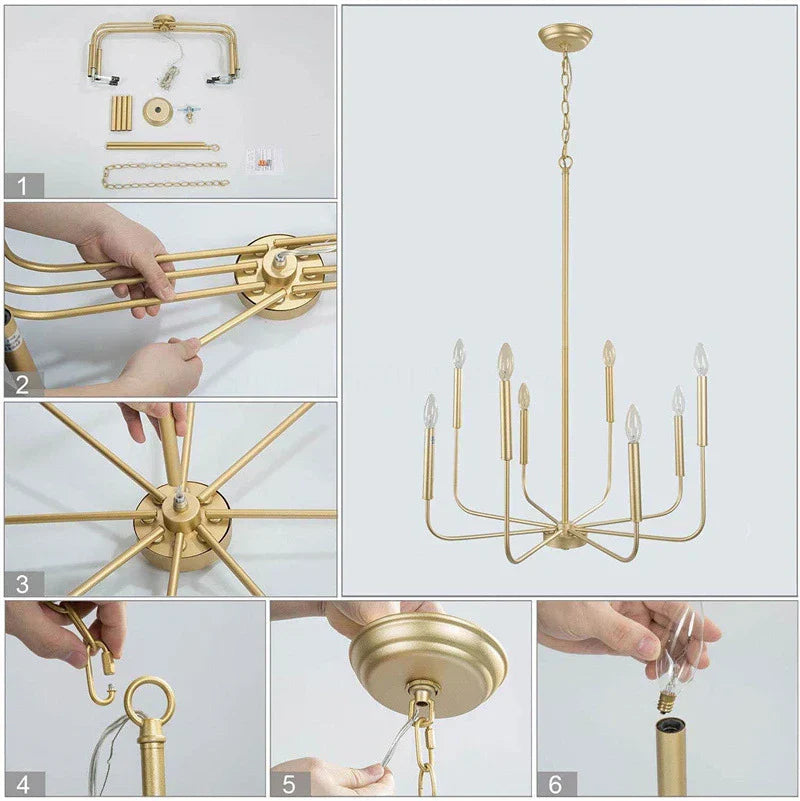 Gold Black Retro Chandelier Candle Ceiling Lighting for Living Room & Restaurant