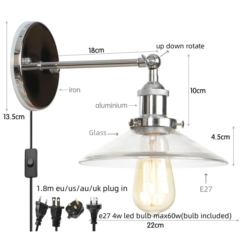 Vintage Industrial LED Wall Sconce with Clear Glass, Artistic Light Fixture