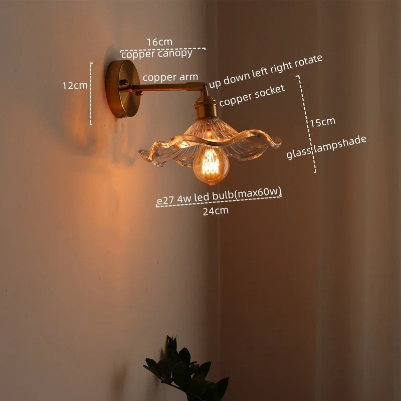 LED Glass Copper Wall Sconce Pull Chain Switch Lamp for Bedroom Living Room