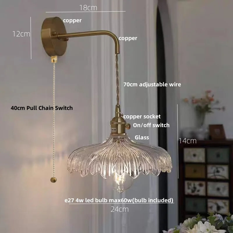 Amber Vintage LED Wall Light Glass Copper Pull Chain Switch Hallway Lamp