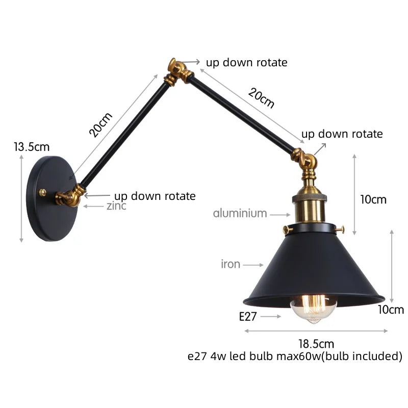 Afralia™ Gold Long Arm LED Wall Sconce with Pull Chain Switch