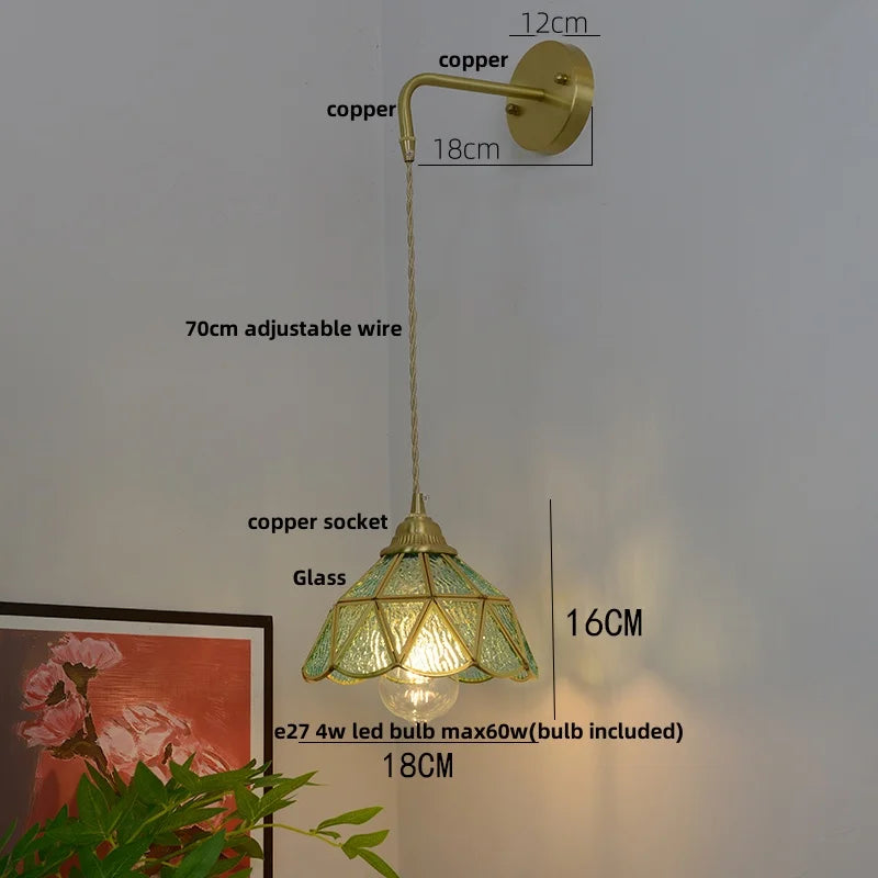 Glass Brass LED Wall Sconce Pull Chain Switch Vintage Vanity Light