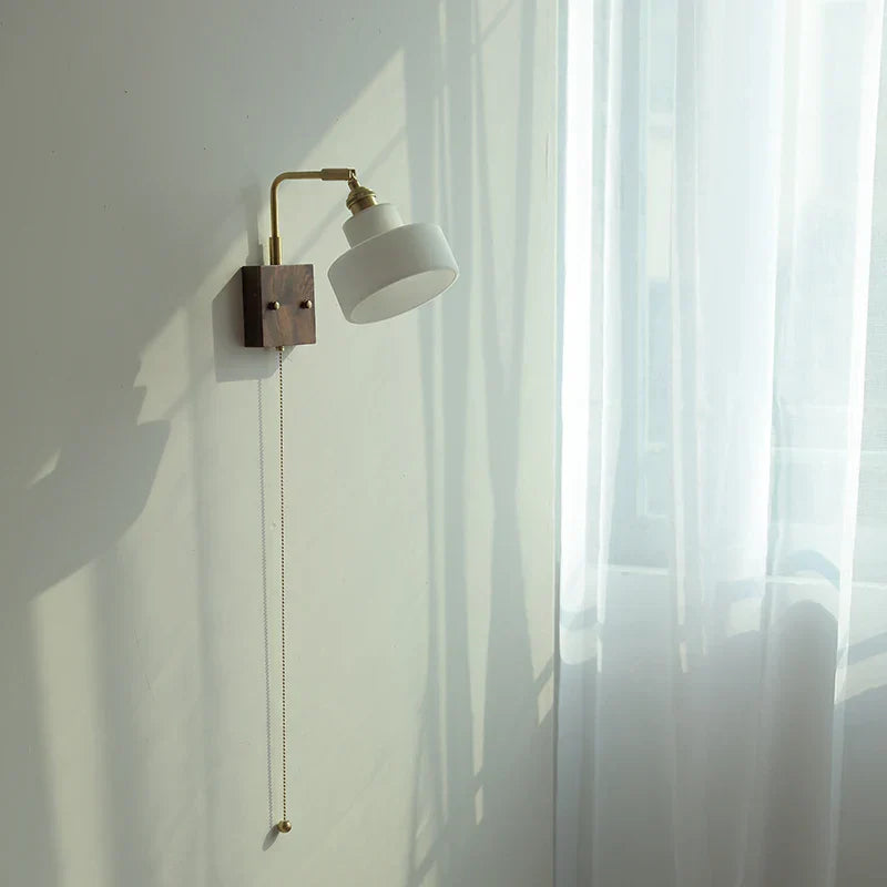 White Glass LED Wall Light Fixture Walnut Wood Brass Pull Chain Switch