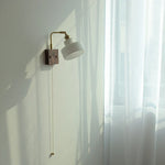 White Glass LED Wall Light Fixture Walnut Wood Brass Pull Chain Switch