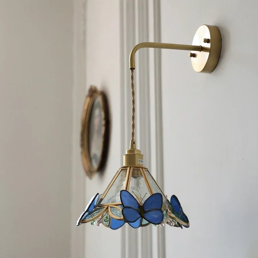 LED Butterfly Glass Wall Lamp Sconce with Pull Chain Switch