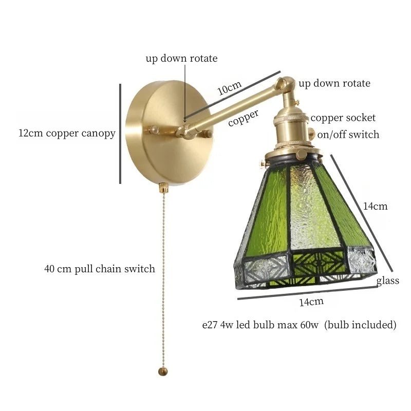 Green Glass LED Wall Sconce, Pull Chain Switch, for Bedside, Bathroom, Living Room
