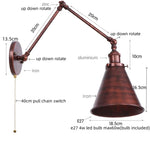 Vintage Iron Gold LED Wall Lamp with Long Arm and Pull Chain Switch
