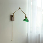 Nordic Green LED Wall Sconce with Swing Arm, Wood Base and Pull Chain Switch