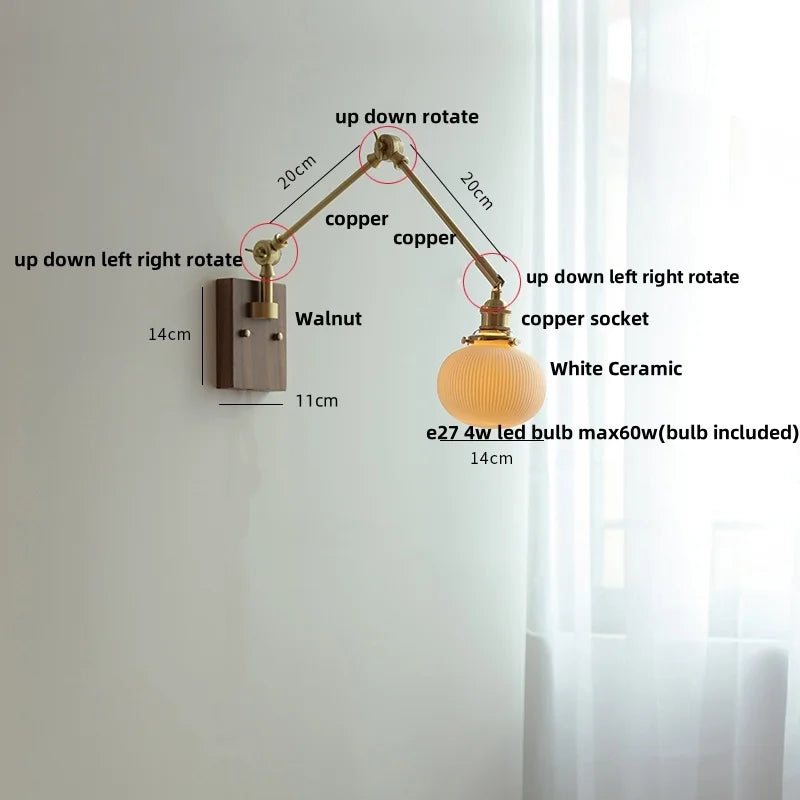 White Ceramic LED Wall Light Nordic Modern Copper Rotatable Bedside Lamp