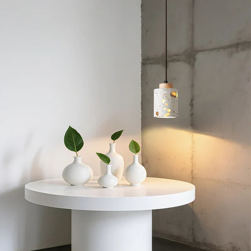 Terrazzo Brown Wood LED Pendant Light Fixture Stone Hanging Lamp