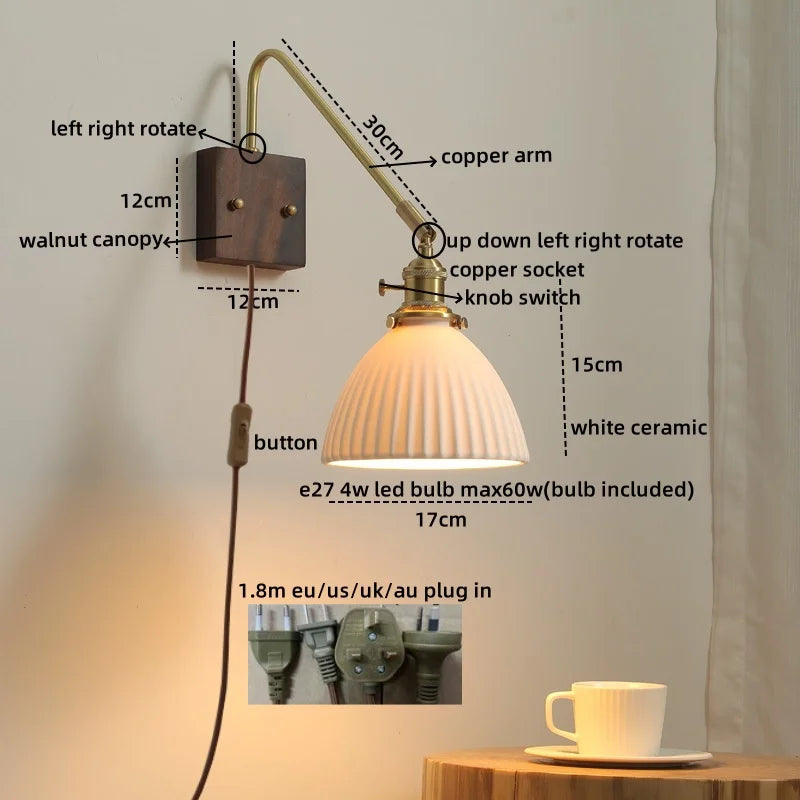 Walnut Copper LED Wall Lights Modern Bedside Lamp Applique Da Parete