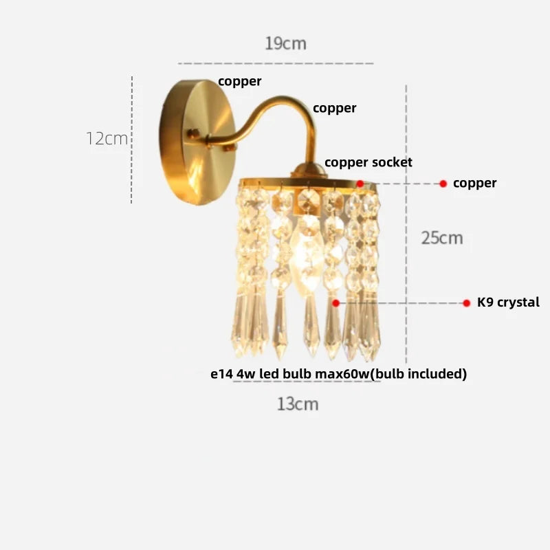Vintage Crystal LED Wall Lights Pull Chain Switch Copper E14 Stair Fixtures