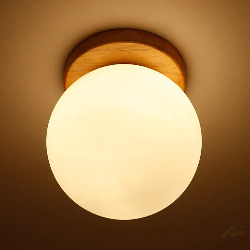 Glass Ball LED Ceiling Lamp on Wooden Pedestal