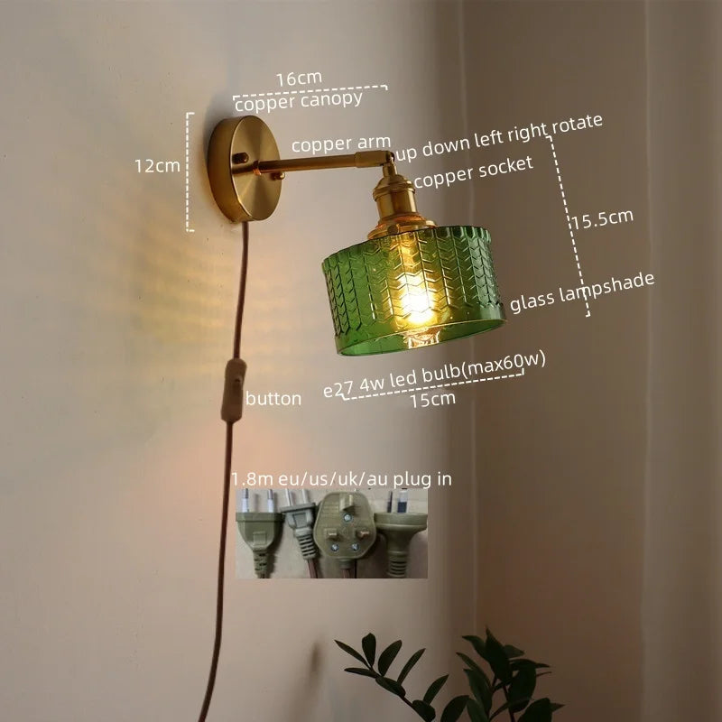 LED Glass Copper Wall Sconce Pull Chain Switch Lamp for Bedroom Living Room