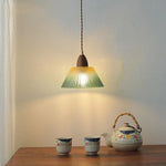 Walnut Wood LED Pendant Lamp Green Glass Modern Interior Hanging Light