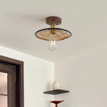 Nordic LED Ceiling Light Amber Glass Wood Brass Flush Mount Lamp