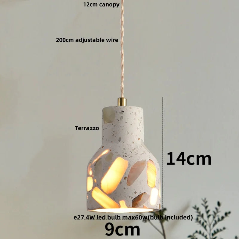 Afralia™ Minimalism LED Pendant Light Fixture Terrazzo Marble Stone Wood Hanging Lamp