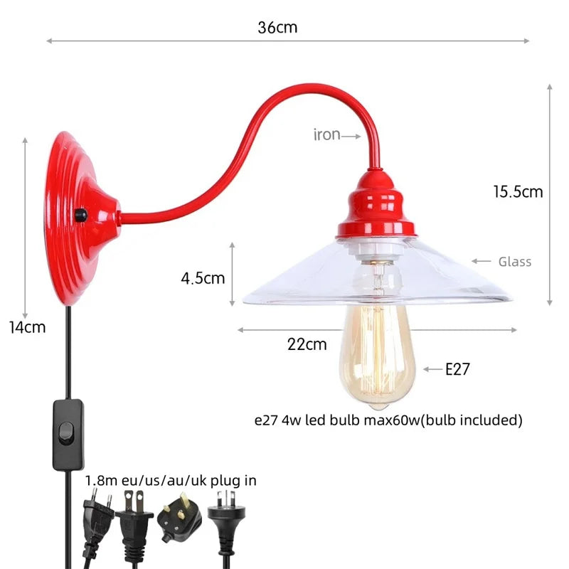 Vintage Loft LED Wall Lamp Red Clear Glass Stair Light
